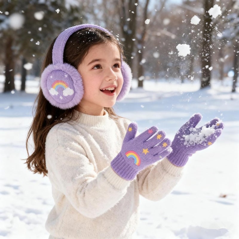 CHUANGLI Winter Ear Muffs For Kids Warm Furry Knit Girls Earmuffs with Gloves Plush Toddler Ear Warmers 3-15 Years - Image 2